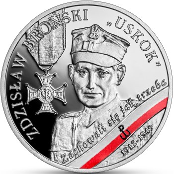 Rewers monety srebrnej z 2022 roku dedykowanej Zdzisławowi Brońskiemu pseudonim "Uskok"